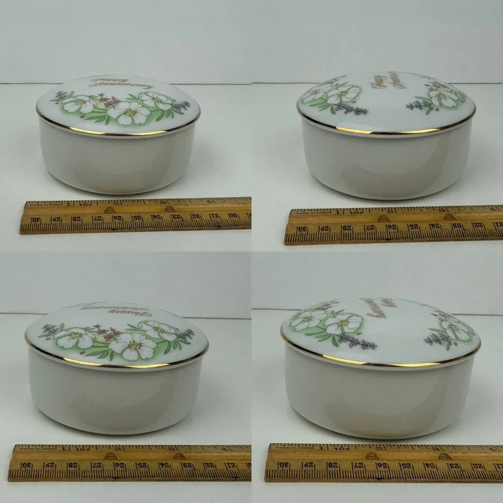 Vtg Simson Corp Round Happy Anniversary Gold Accents Floral Trinket Dish‎ Japan
